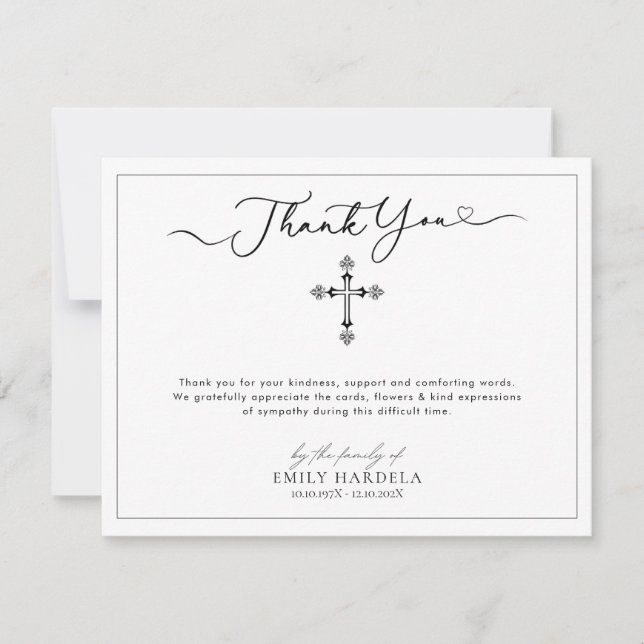 Elegant Gold Blue Floral Cross Funeral Thanks Card (Front)