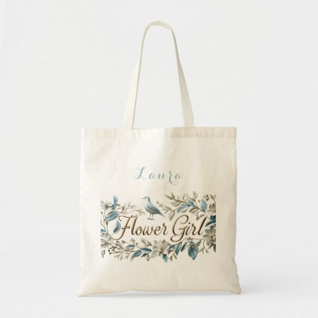 Elegant Gold Blue Flower Girl Tote Bag (Front)