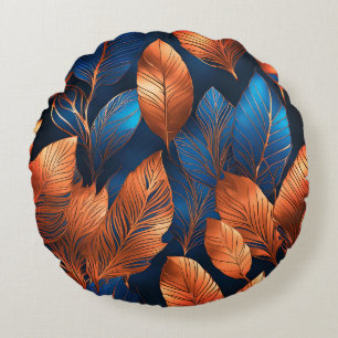 Elegant Gold Blue Foliage Nature Design Round Cushion