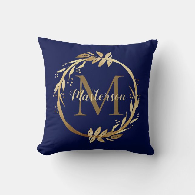 Elegant Gold Blue Foliage Wreath Family Monogram Cushion (Front)