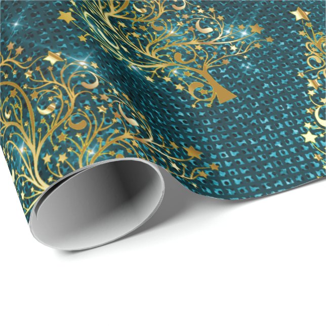 Elegant Gold & Blue Glitter Christmas Tree Pattern Wrapping Paper (Roll Corner)