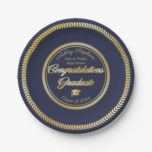 Elegant Gold Blue Grad Cap Class of 2019 Paper Plate