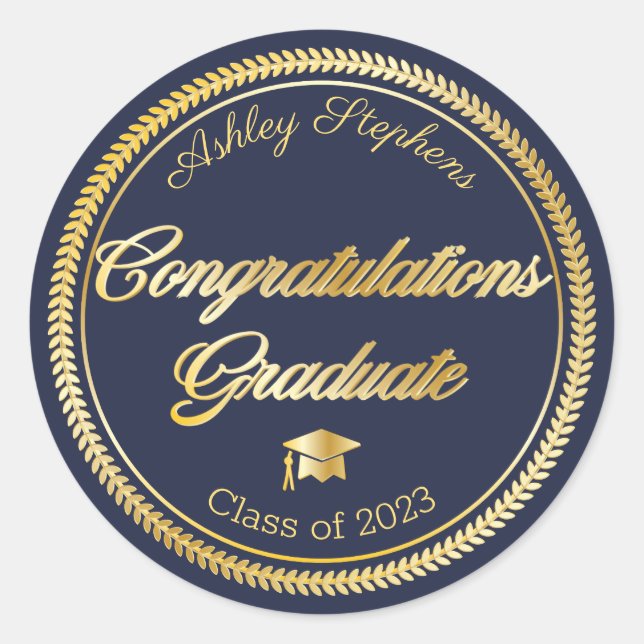 Elegant Gold | Blue Grad Cap Class of 2023 Classic Round Sticker (Front)