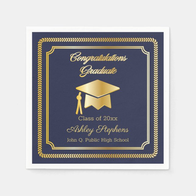 Elegant Gold | Blue Grad Cap Class of 2023 Napkin (Front)