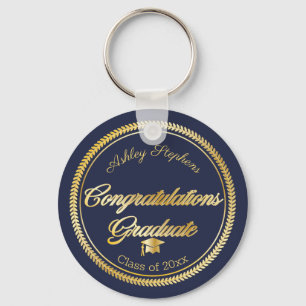 Elegant Gold   Blue Grad Cap Class Year Key Ring