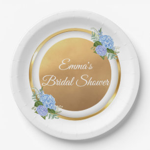 Elegant Gold & Blue Hydrangea Bridal Shower Paper Plate
