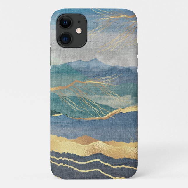 Elegant Gold Blue Landscape Art Case-Mate iPhone Case (Back)