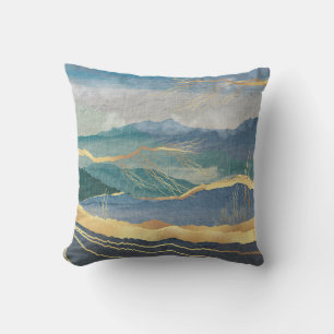 Elegant Gold Blue Landscape Art Cushion