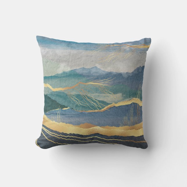 Elegant Gold Blue Landscape Art Cushion (Front)