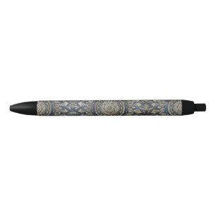 Elegant Gold Blue Mandala Floral Black Ink Pen