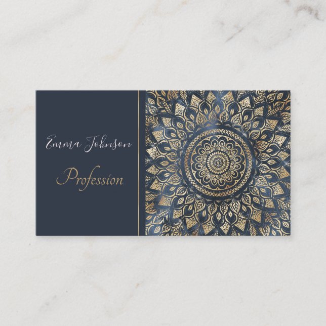 Elegant Gold Blue Mandala Floral Business Card (Front)