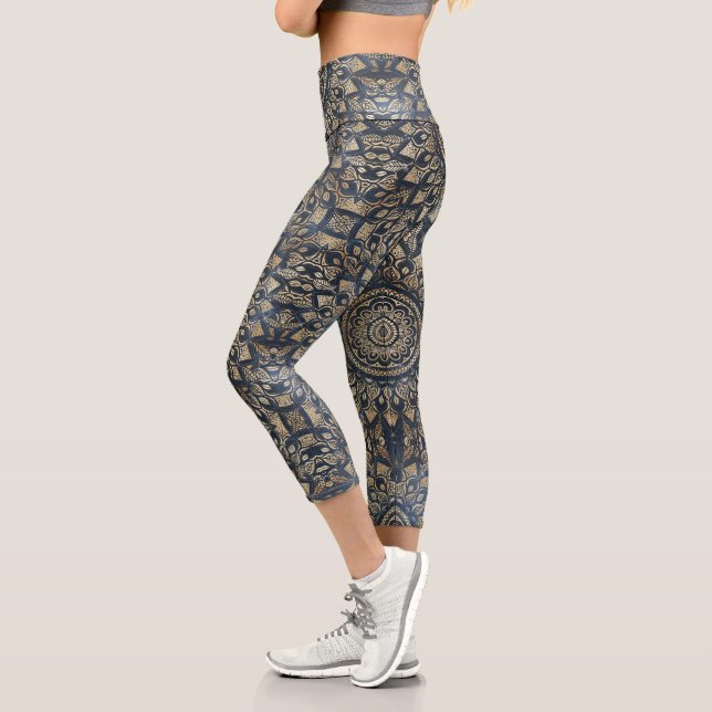 Elegant Gold Blue Mandala Floral Capri Leggings (Left)