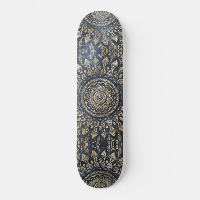 Elegant Gold Blue Mandala Floral Skateboard (Front)