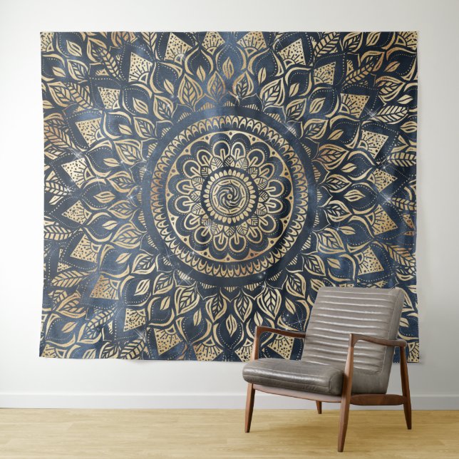 Elegant Gold Blue Mandala Floral Tapestry (In Situ (Horizontal))