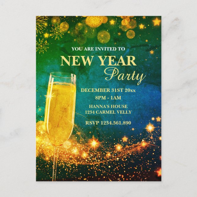 Elegant Gold & Blue New Year's Eve Party Postcard (Front)