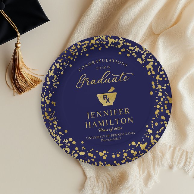 Elegant Gold  Blue Pharmacy School Graduation Paper Plate (Creator Uploaded)