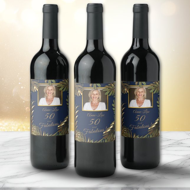 Elegant Gold Blue Photo 50 Fabulous Birthday Wine Label (Creator Uploaded)