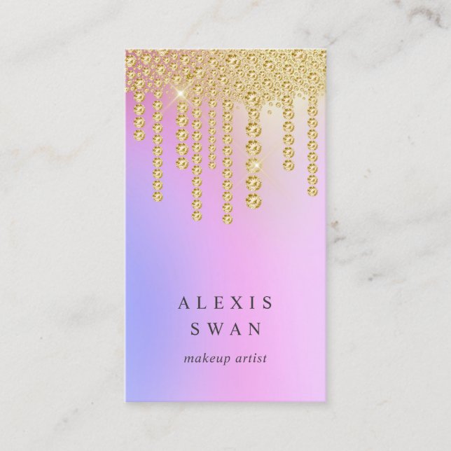 Elegant gold blue pink diamonds makeup artist business card (Front)
