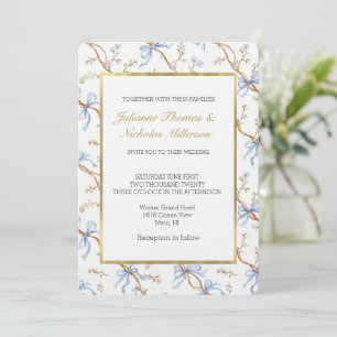 Elegant Gold Blue Ribbons Wedding Invitation