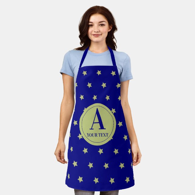 Elegant Gold & Blue Star Pattern Monogram Apron (Worn)