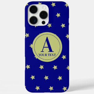 Elegant Gold & Blue Star Pattern Monogram iPhone 16 Pro Max Case