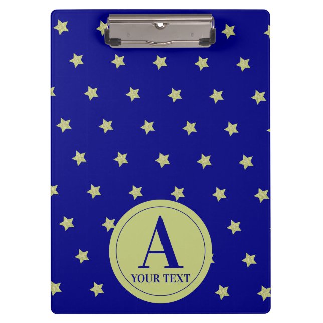Elegant Gold & Blue Star Pattern Monogram Clipboard (Front)