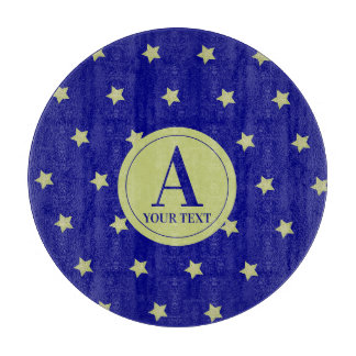 Elegant Gold & Blue Star Pattern Monogram Cutting Board