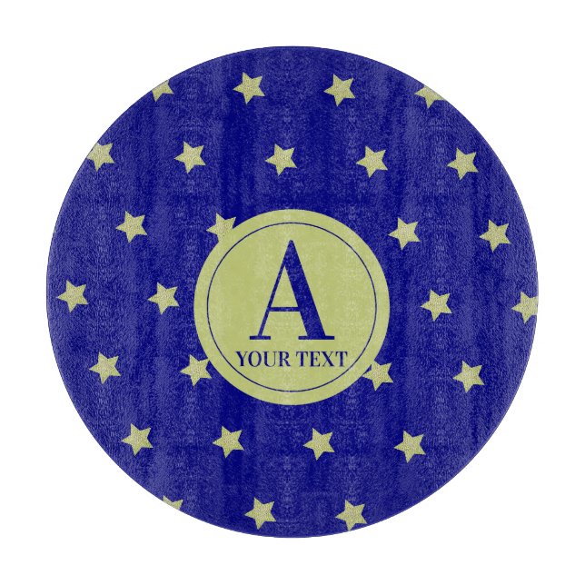 Elegant Gold & Blue Star Pattern Monogram Cutting Board (Front)