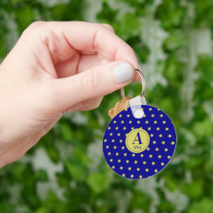 Elegant Gold & Blue Star Pattern Monogram Key Ring
