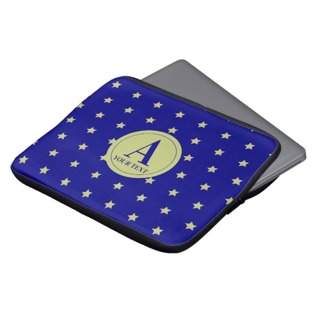 Elegant Gold & Blue Star Pattern Monogram Laptop Sleeve (Front Top)