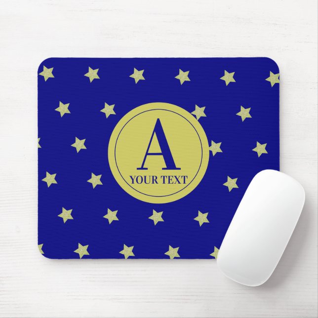 Elegant Gold & Blue Star Pattern Monogram Mouse Mat (With Mouse)