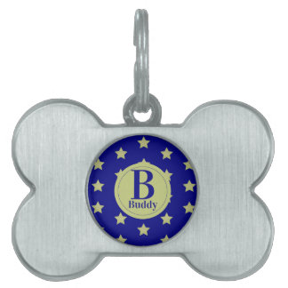 Elegant Gold & Blue Star Pattern Monogram Pet ID Tag