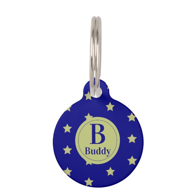 Elegant Gold & Blue Star Pattern Monogram  Pet Tag (Front)