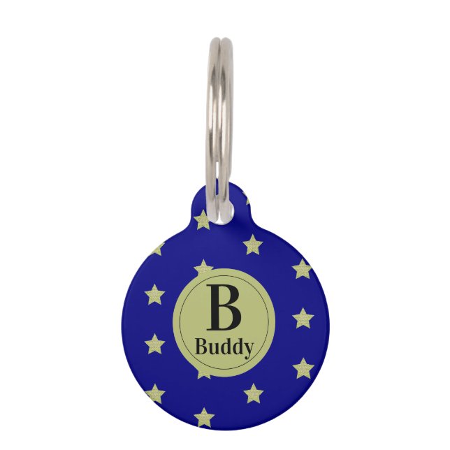 Elegant Gold & Blue Star Pattern Monogram  Pet Tag (Front)
