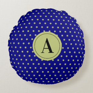 Elegant Gold & Blue Star Pattern Monogram Round Cushion