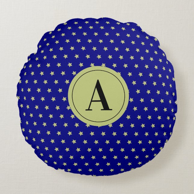 Elegant Gold & Blue Star Pattern Monogram Round Cushion (Front)