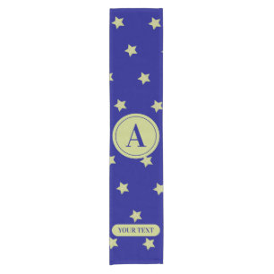 Elegant Gold & Blue Star Pattern Monogram Short Table Runner