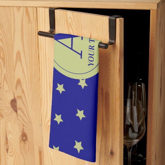 Elegant Gold & Blue Star Pattern Monogram Tea Towel (Thirds Fold)