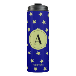 Elegant Gold & Blue Star Pattern Monogram Thermal Tumbler