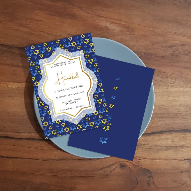 Elegant Gold Blue Stars Of David Watercolor Invitation (Creator Uploaded)