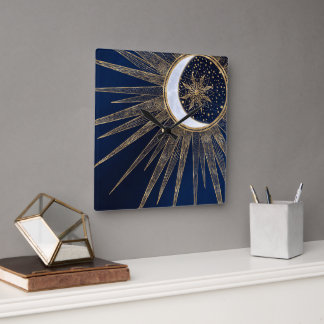 Elegant Gold & Blue Sun Moon Mandala Doodles Art Square Wall Clock