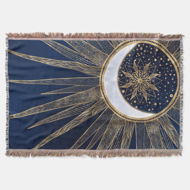 Elegant Gold & Blue Sun Moon Mandala Doodles Art Throw Blanket (Front)