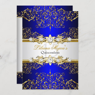 Elegant Gold Blue Vintage Glamour Quinceanera Invitation