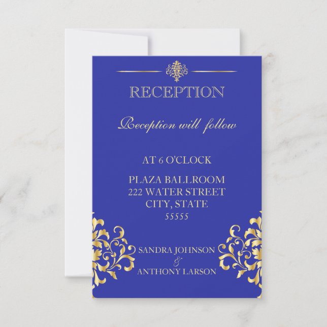 Elegant Gold & Blue Wedding Reception Card (Front)