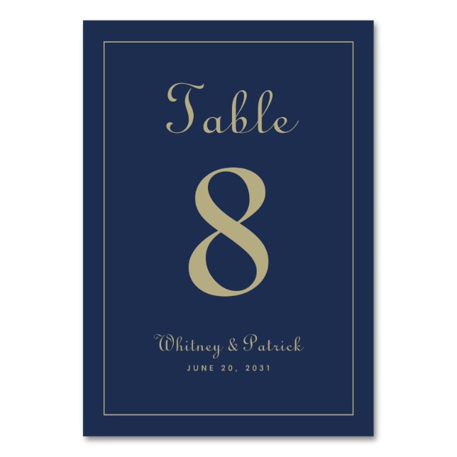 Elegant Gold Blue Wedding Reception Formal Dinner Table Number (Front)