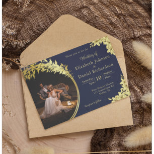 Elegant Gold, Blue With Lilies Photo Wedding Invitation