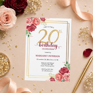 Elegant Gold Blush Floral 20th Birthday Party Invitation