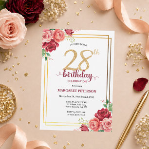 Elegant Gold Blush Floral 28th Birthday Party Invitation