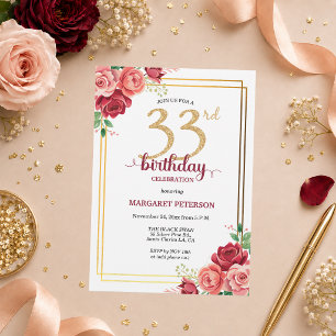 Elegant Gold Blush Floral 33rd Birthday Party Invitation