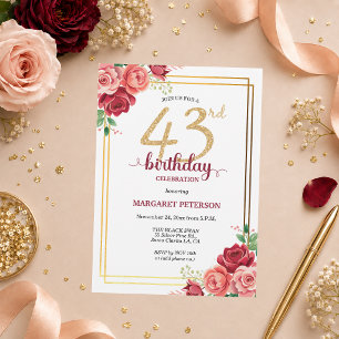 Elegant Gold Blush Floral 43rd Birthday Party Invitation
